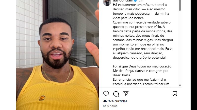 Davi Brito emociona seguidores ao falar sobre sua superação e a nova fase que está vivendo após deixar o vício. - Divulgação