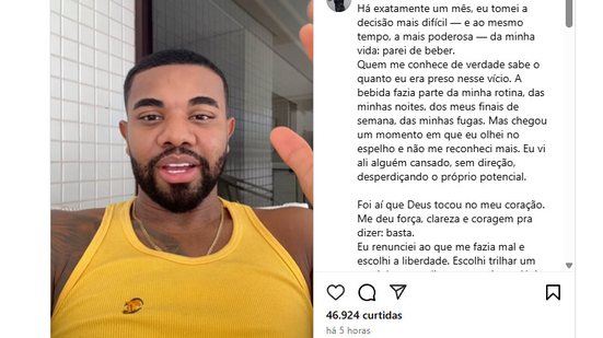 Davi Brito emociona seguidores ao falar sobre sua superação e a nova fase que está vivendo após deixar o vício. - Divulgação