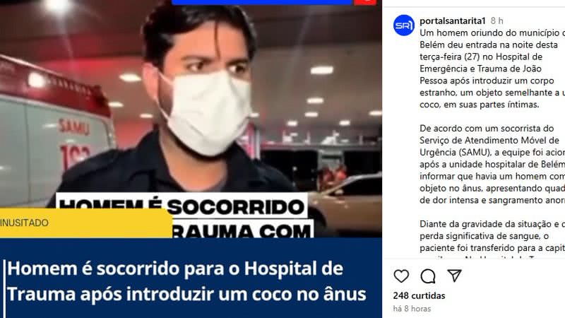 Médicos conseguiram retirar o objeto do paciente, que havia perdido uma quantidade significativa de sangue durante o incidente. - Divulgação