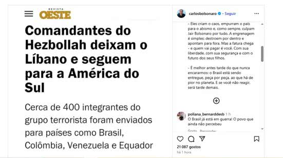 Em postagem no Instagram, vereador critica a imprensa por proteger o governo e desviar a culpa para Jair Bolsonaro - Reprodução