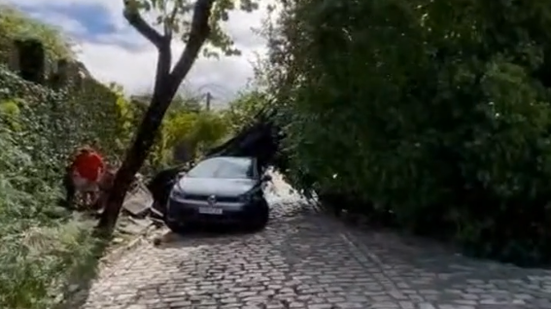 O veículo estava estacionado no momento da queda, mas, por sorte, ninguém ficou ferido - Reprodução/Internet