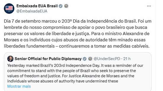 O texto divulgado nesta terça reproduz e traduz uma mensagem publicada um dia antes por Darren Beattie - Reprodução/Internet
