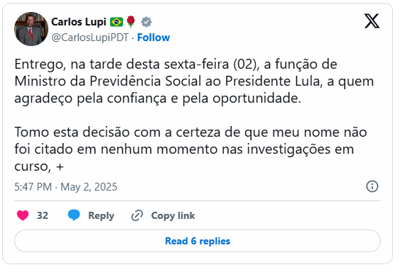 Print da publicação feita por Lupi no X. Foto: Reprodução