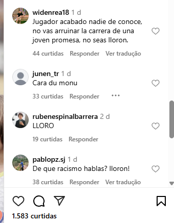 Comentários feitos em uma das publicações do jogador. Foto: Print/Instagram