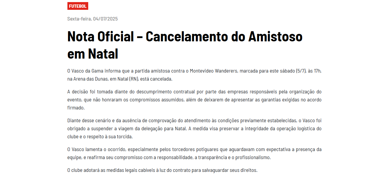 Captura de tela da nota publica no site oficial do Vasco da Gama. Foto: Reprodução