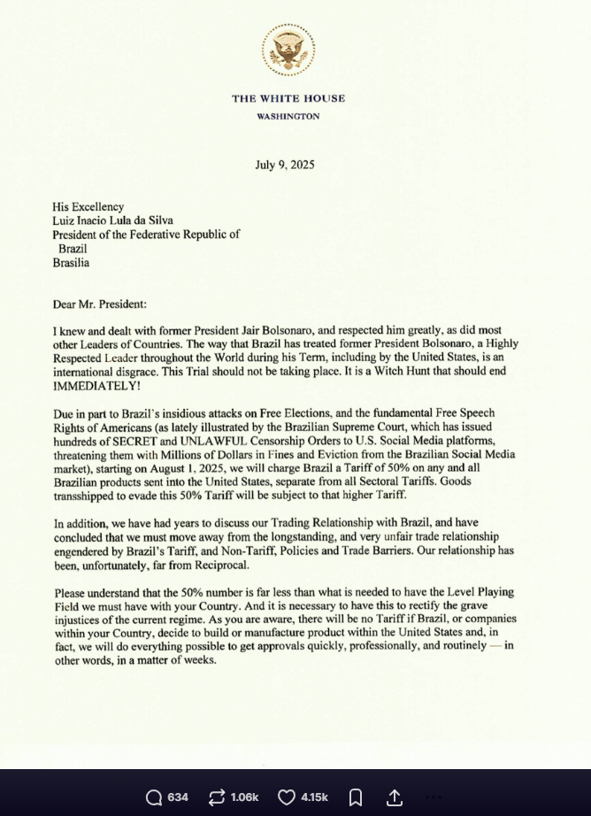 Captura de tela da carta publicada por Trump. Foto: Reprodução 