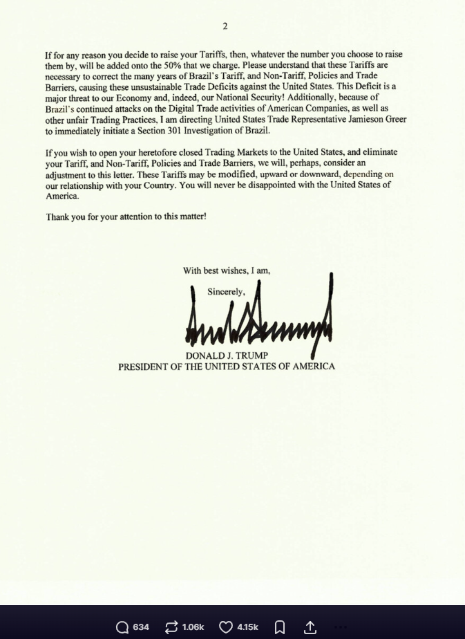 Captura de tela da carta publicada por Trump. Foto: Reprodução 