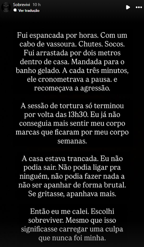 Relato da jovem publicado em seu perfil oficial no Instagram. Foto: Reprodução/redes sociais