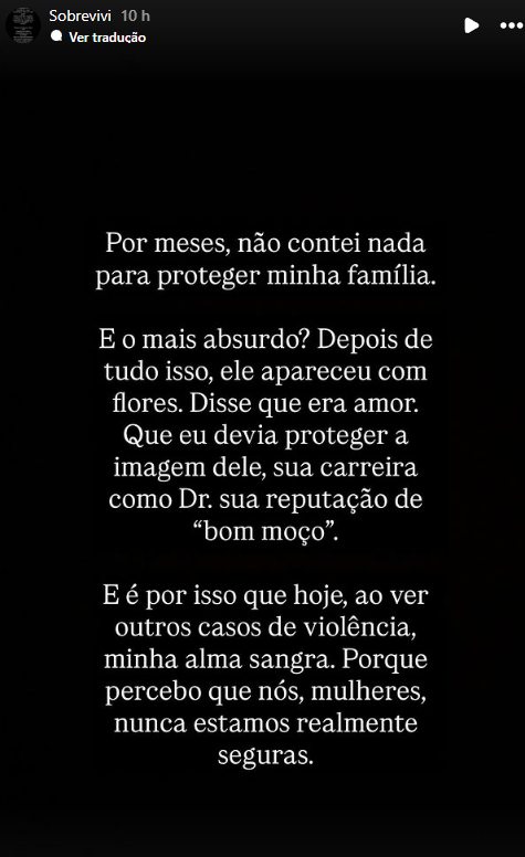Relato da jovem publicado em seu perfil oficial no Instagram. Foto: Reprodução/redes sociais
