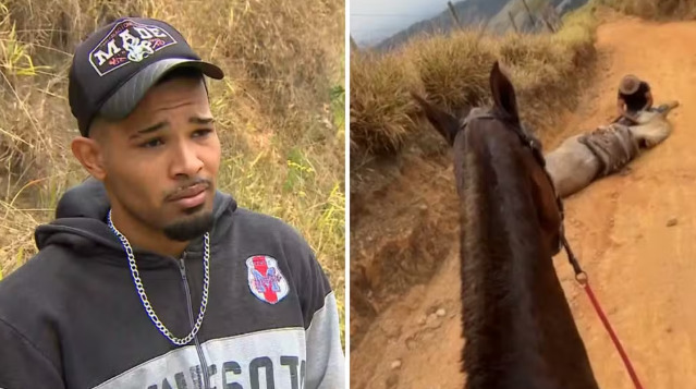 Andrey e o cavalo já mutilado por ele, no meio da estrada de terra.