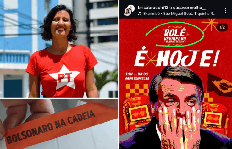 Imagem da vereadora Brisa com o cartaz do evento e a pulseira de acesso.
