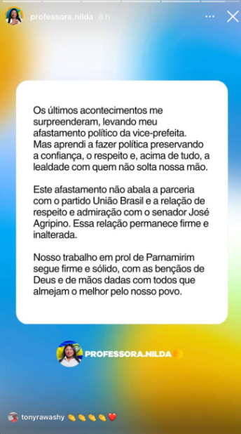 Mensagem publicada no perfil oficial da prefeita Nilda.
