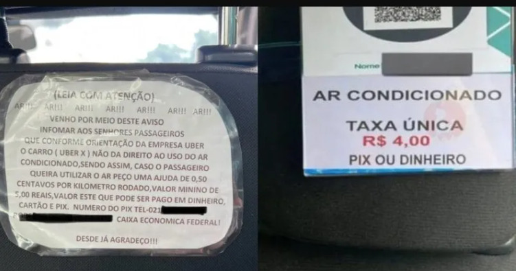 Aviso de taxa extra para uso de ar-condicionado exposto no banco de um carro de aplicativo.