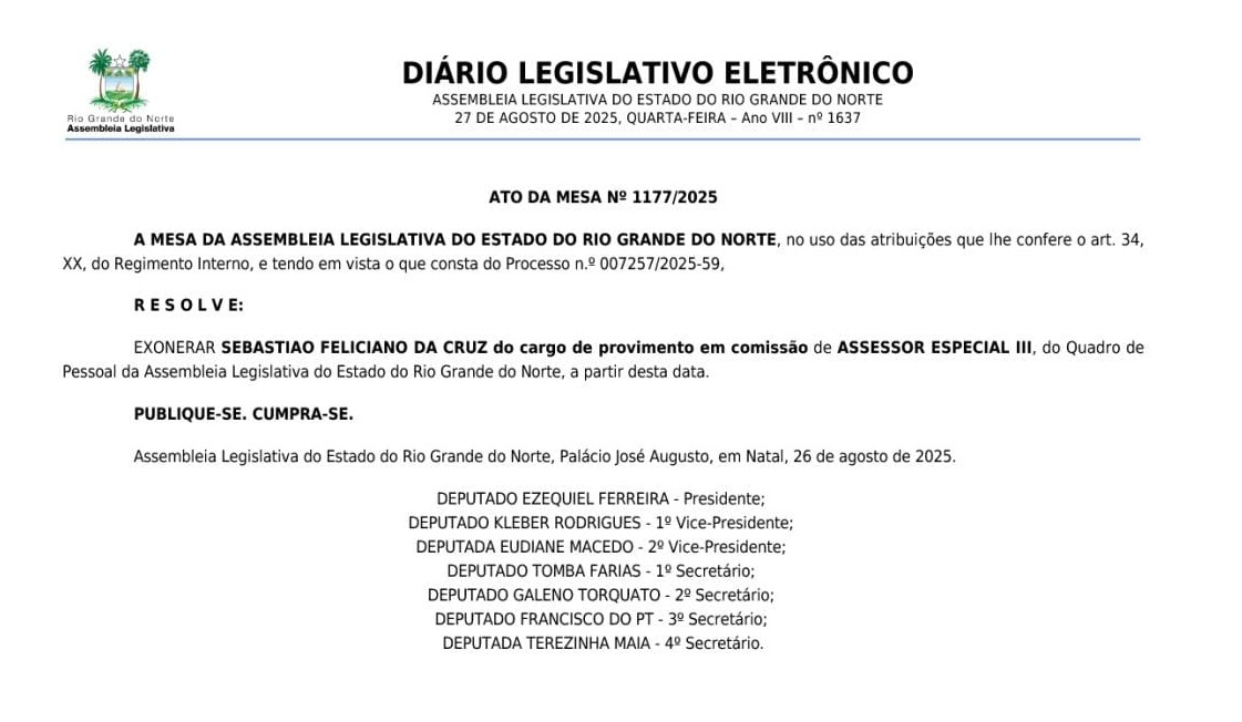 Diário Legislativo Eletrônico desta quarta (27).