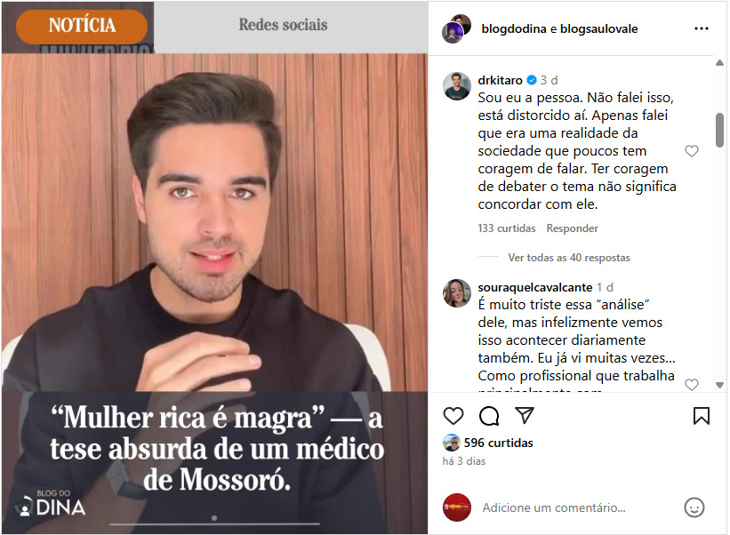 O perfil do jornalista Dinarte Assunção onde ele trata a questão como "marketing da magreza travestido de verdade social”.