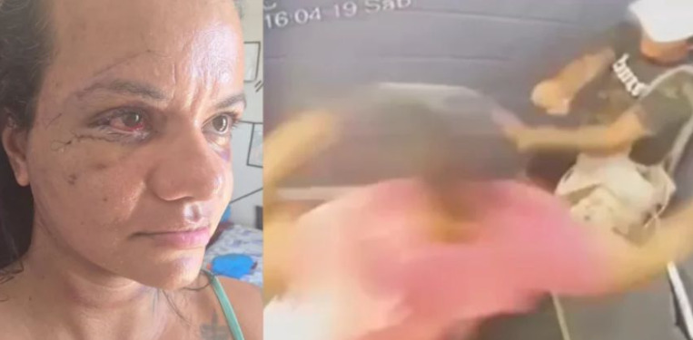 Momento dentro do elevador que Juliana foi covardemente agredida pelo namorado.