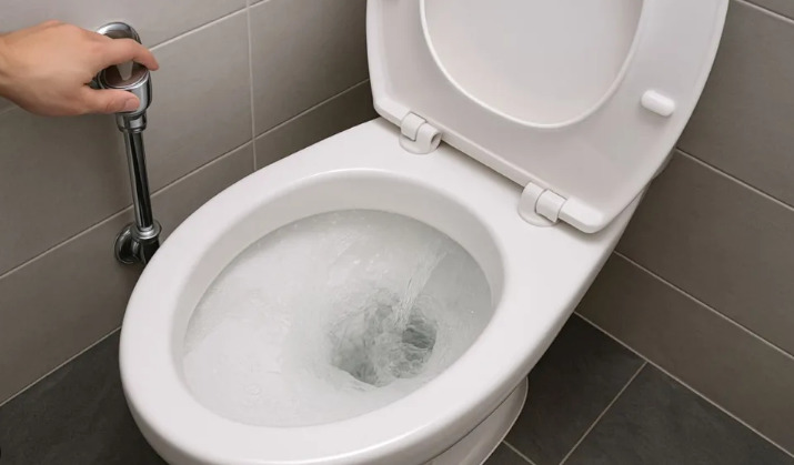 Depois da mudança, a descarga libera menos água, mas o vaso sanitário funciona normalmente.