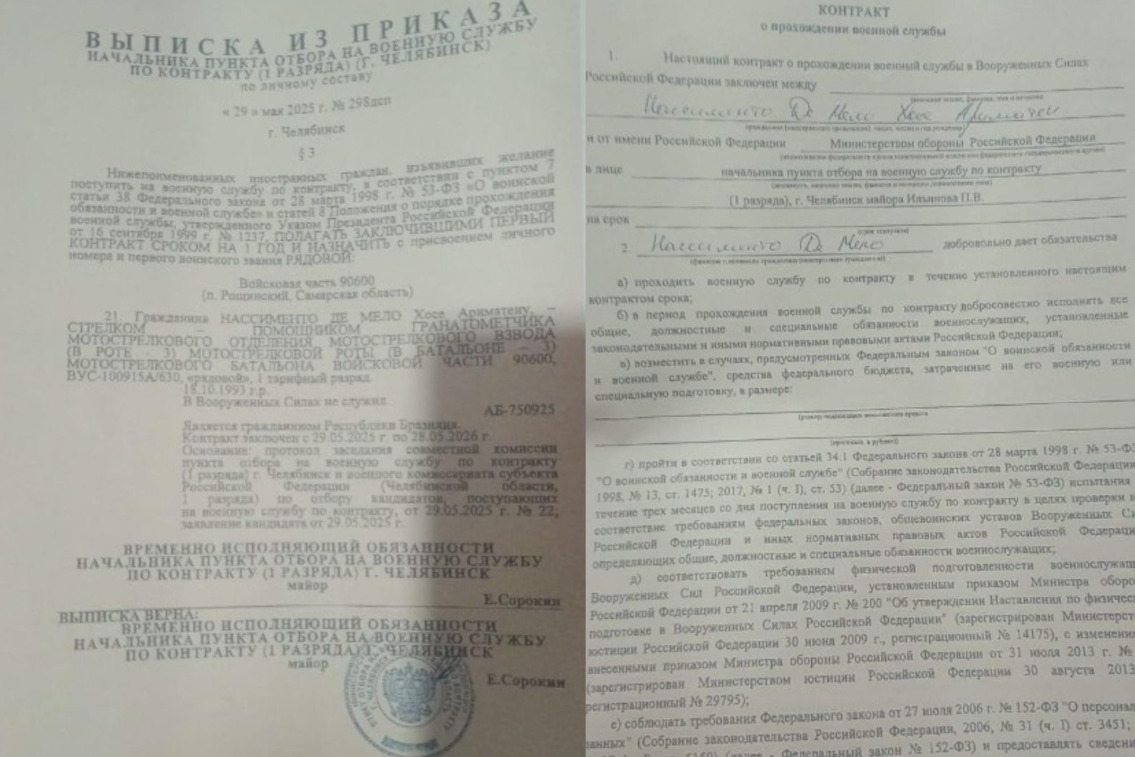 Contrato oficial que Maicon assinou com o Governo da Rússia para atuação na guerra.
