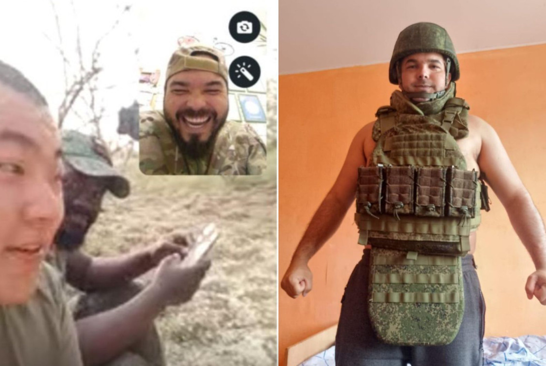 Imagens de Maicon com vestimentas e acessórios para combate em guerra, e em outro momento com chamada de vídeo feita com companheiros de combate.
