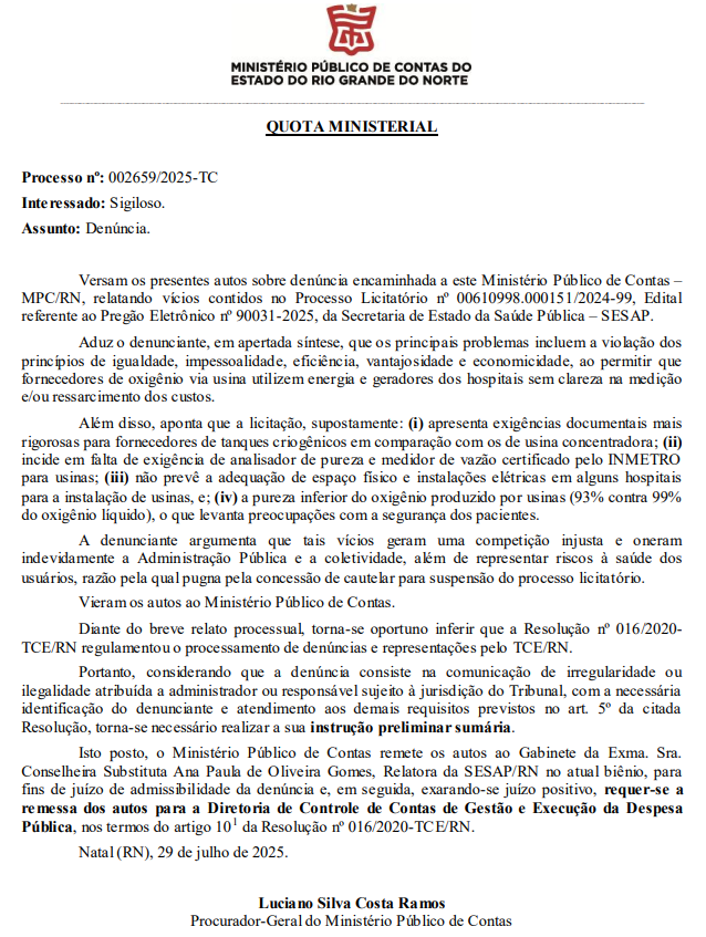 Denúncia encaminhada ao Ministério Público de Contas