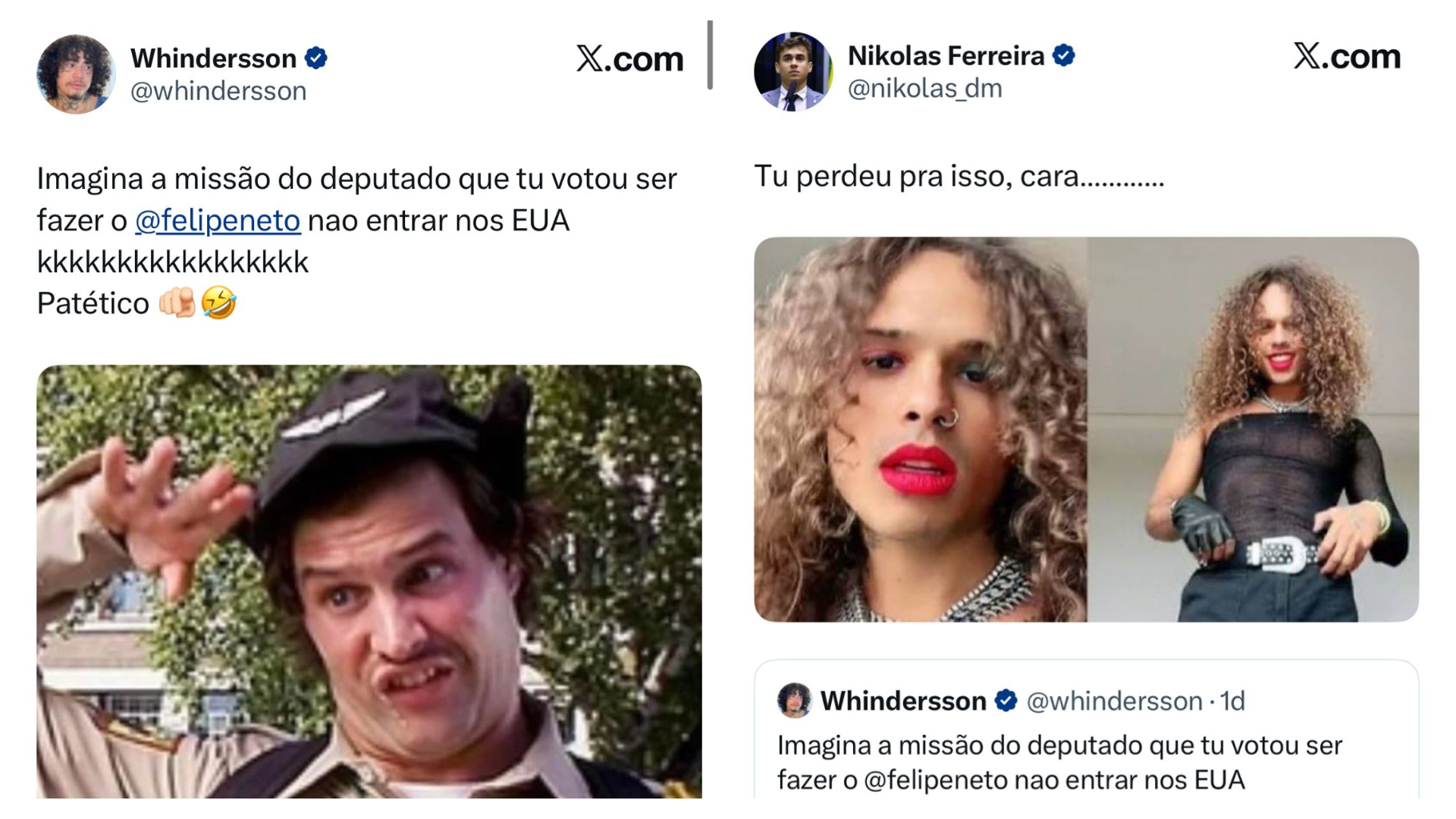 Capturas de tela da discussão entre Whindersson e Nikolas nas redes sociais