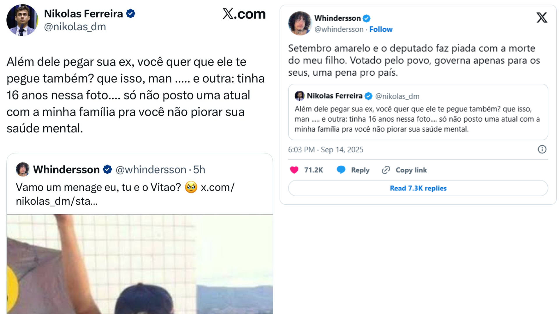 Capturas de tela da discussão entre Whindersson e Nikolas nas redes sociais