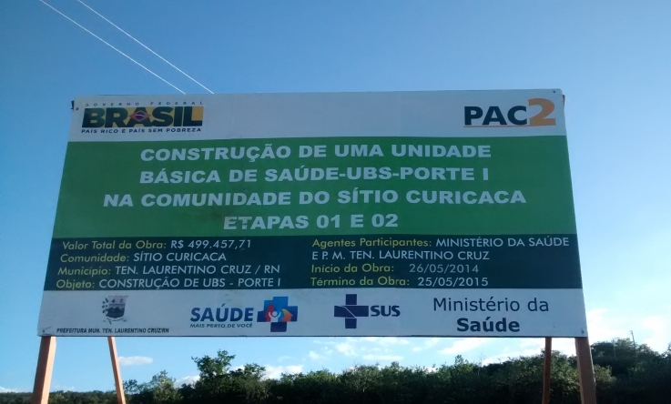 Placa do Posto de Saúde do Sítio Curicaca, em Tenente Laurentino Cruz 