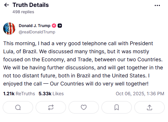 Declaração de Donald Trump sobre a conversa com Lula. Foto: Print