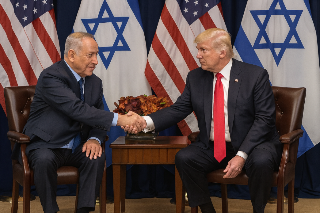 O presidente dos Estados Unidos, Donald Trump, chegou a Tel Aviv nesta segunda-feira para participar de reuniões com autoridades israelenses e fazer um pronunciamento oficial sobre o acordo. Imagem gerada por IA.