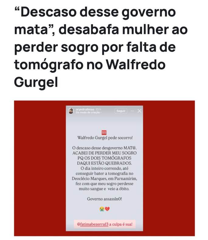 Nas redes sociais, Aryedna Lima relatou o drama vivido pela família após o sogro sofrer uma queda e necessitar de uma tomografia urgente. Imagem reprodução redes sociais.